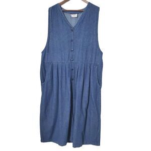 Vintage CAROLINA BLUES Denim Midi Dress Size 1X Button Up Sleeveless Pockets